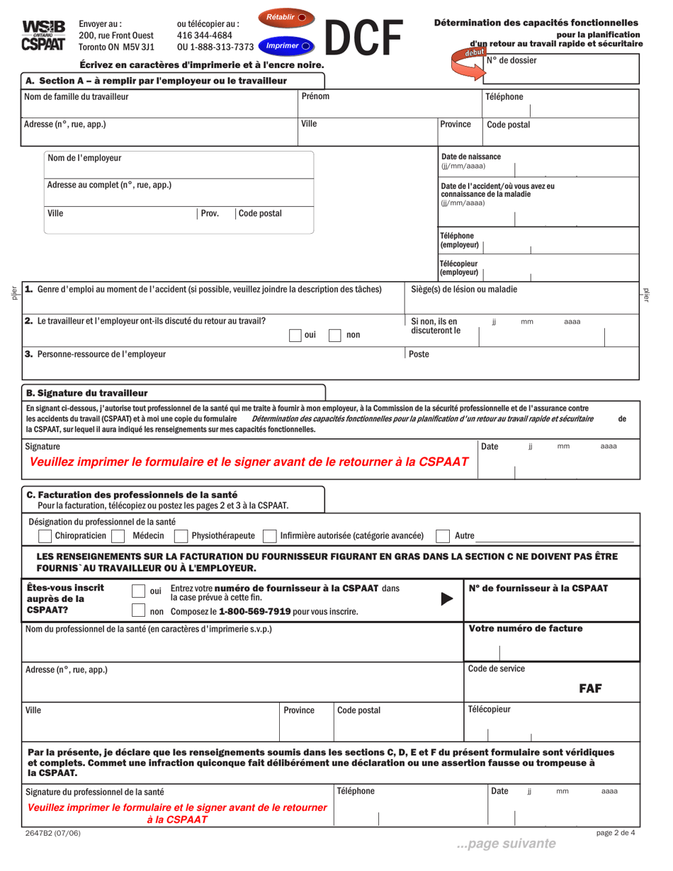 Forme 2647B Determination DES Capacites Fonctionnelles Pour La Planification Dun Retour Au Travail Rapide Et Securitaire - Ontario, Canada (French), Page 2