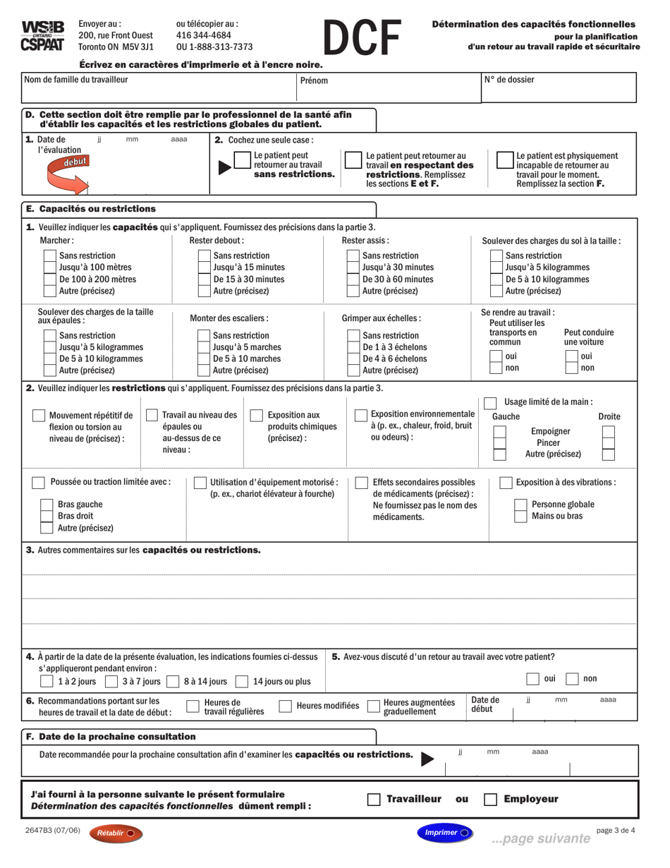 Forme 2647B Determination DES Capacites Fonctionnelles Pour La Planification Dun Retour Au Travail Rapide Et Securitaire - Ontario, Canada (French), Page 3