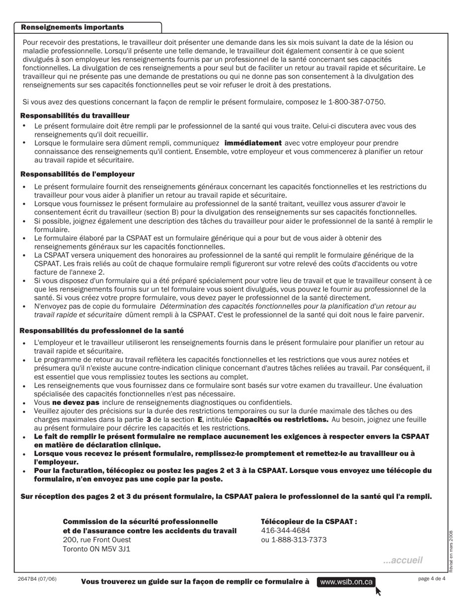 Forme 2647B Determination DES Capacites Fonctionnelles Pour La Planification Dun Retour Au Travail Rapide Et Securitaire - Ontario, Canada (French), Page 4