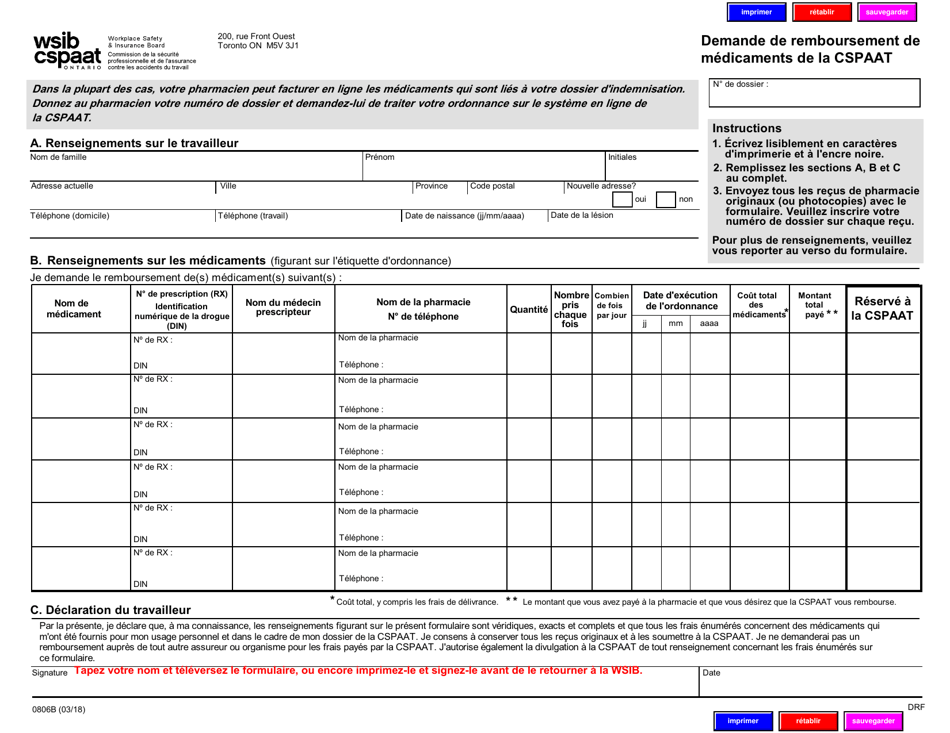 Forme 0806B Demande De Remboursement De Medicaments De La Cspaat - Ontario, Canada (French), Page 1