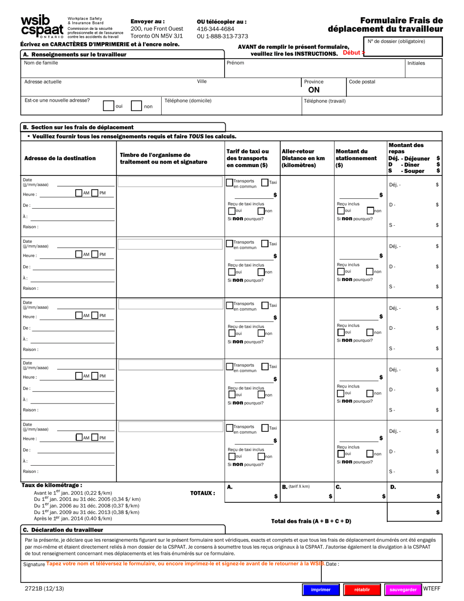 Forme 2721B Formulaire Frais De Deplacement Du Travailleur - Ontario, Canada (French), Page 2