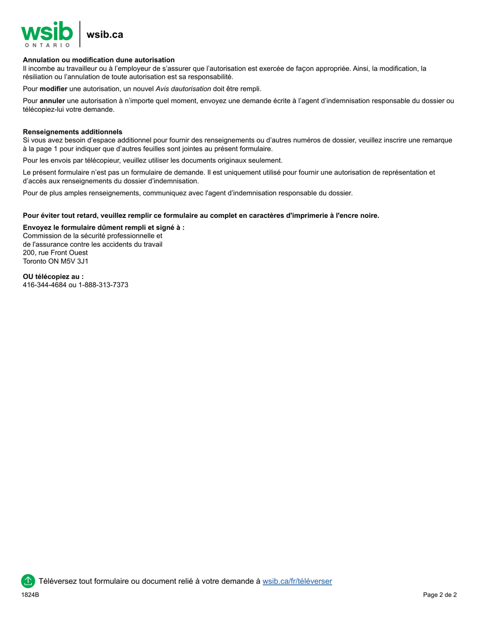 Forme 1824B Avis Dautorisation - Dossiers Dindemnisation - Ontario, Canada (French), Page 2