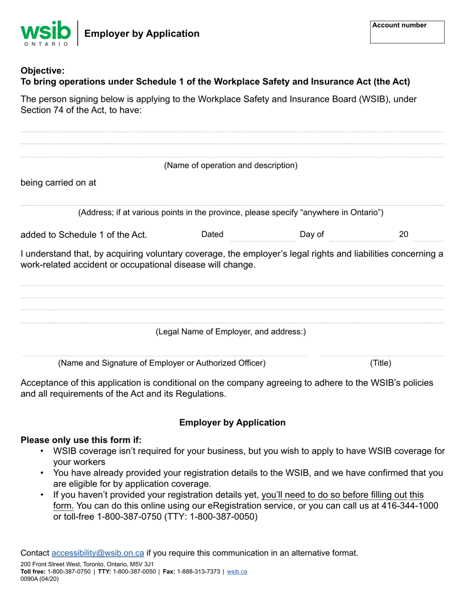 Form 0090A Employer by Application - Ontario, Canada, Page 1