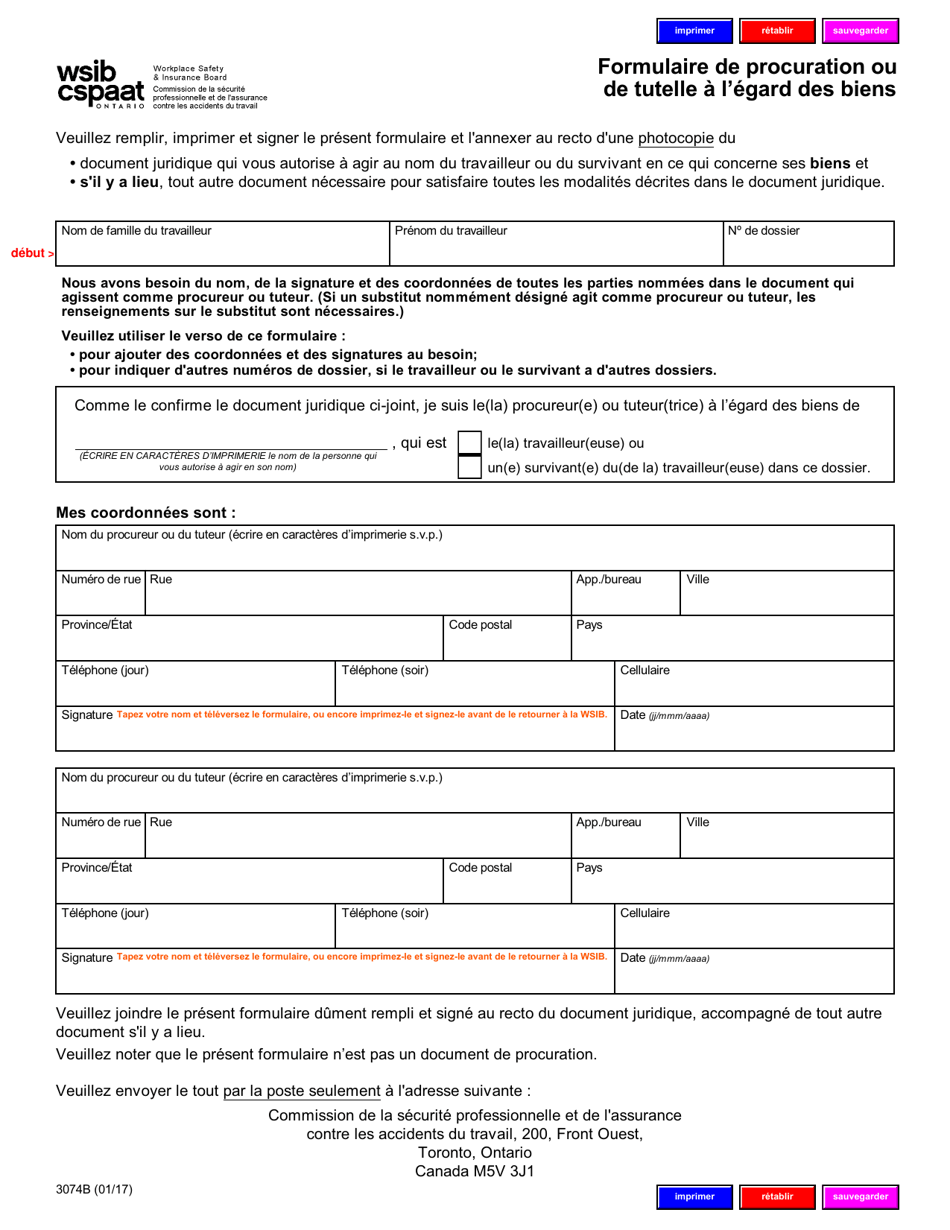 Forme 3074B Formulaire De Procuration Ou De Tutelle a Legard DES Biens - Ontario, Canada (French), Page 1
