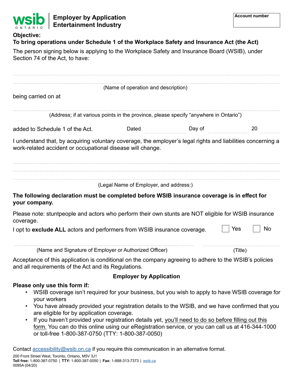 Form 0095A Employer by Application Entertainment Industry - Ontario, Canada, Page 1
