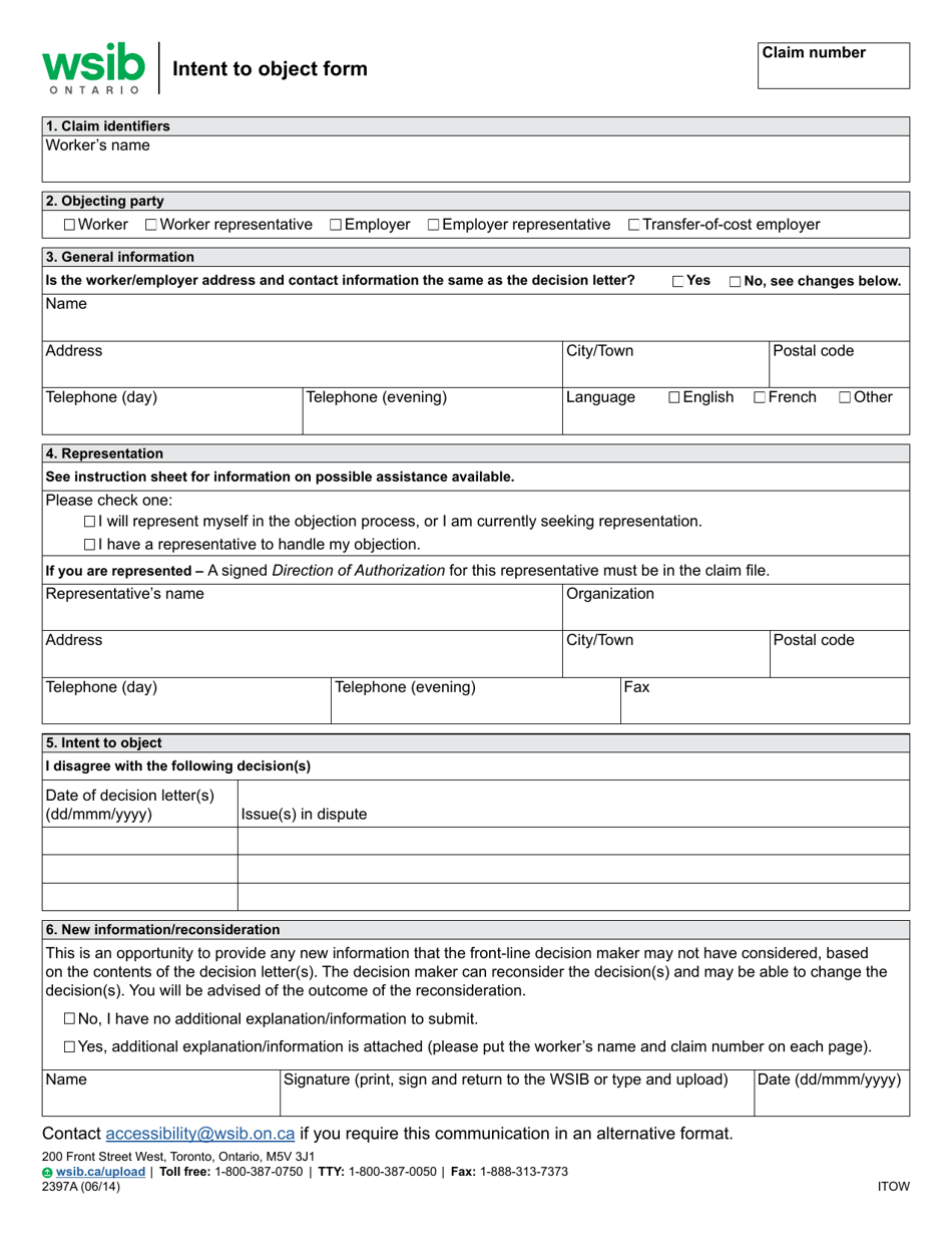 Form 2397A Intent to Object Form - Ontario, Canada, Page 1
