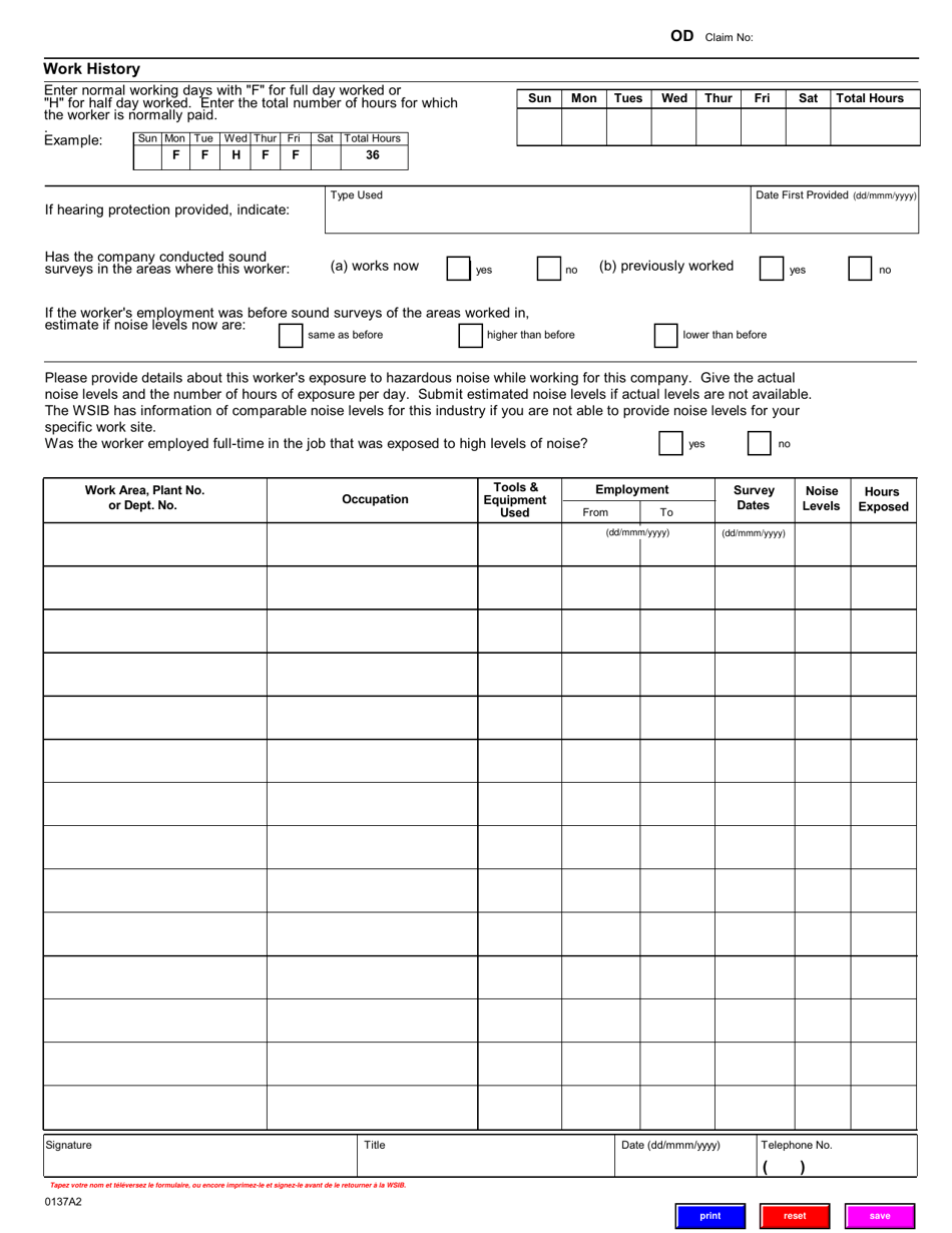 Form 0137A Employers Report Occupational Noise Induced Hearing Loss - Ontario, Canada, Page 2
