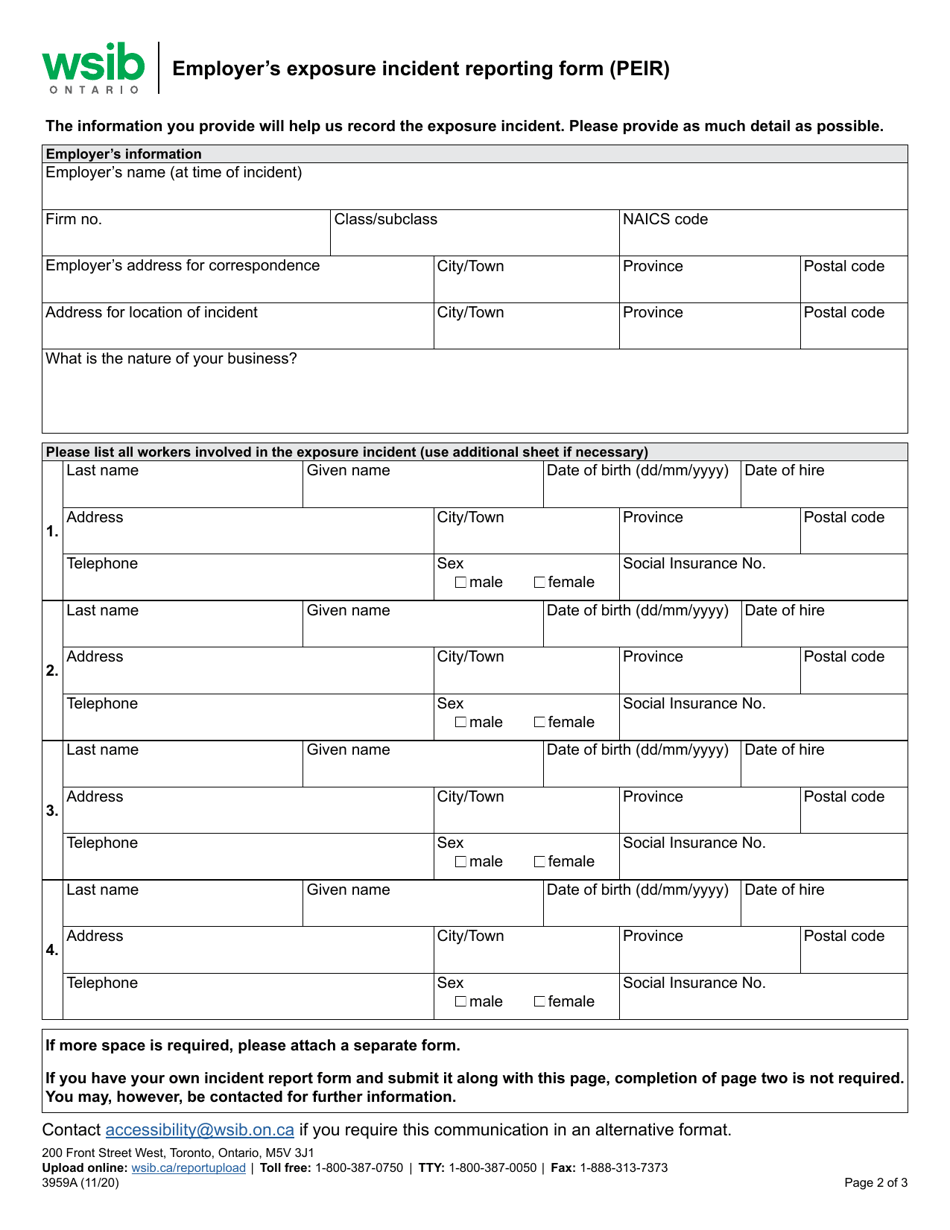 Form 3959A Employers Exposure Incident Reporting Form (Peir) - Ontario, Canada, Page 2