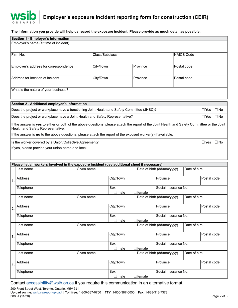 Form 3886A Employers Exposure Incident Reporting Form for Construction (Ceir) - Ontario, Canada, Page 2