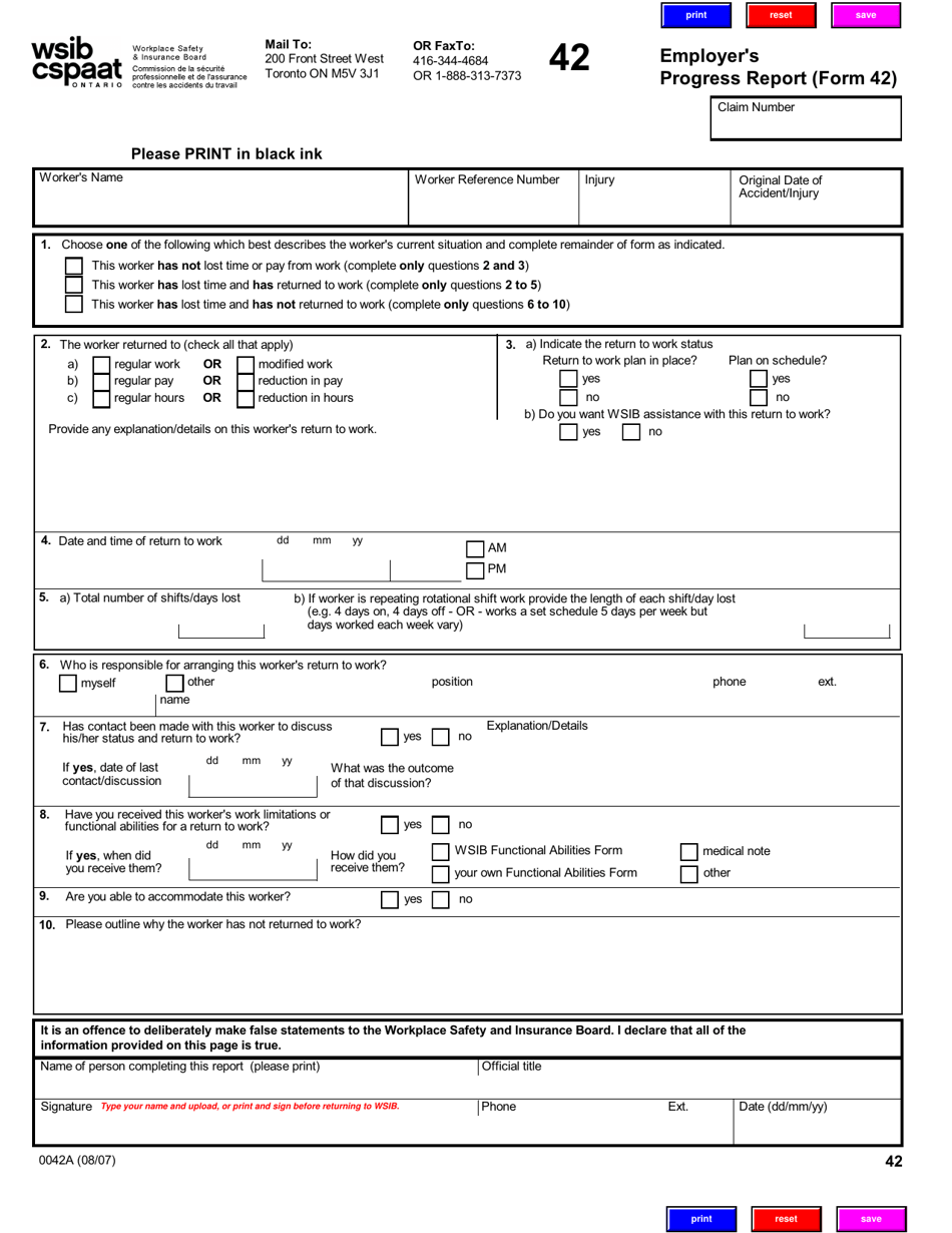 Form 42 (0042A) Employers Progress Report - Ontario, Canada, Page 1