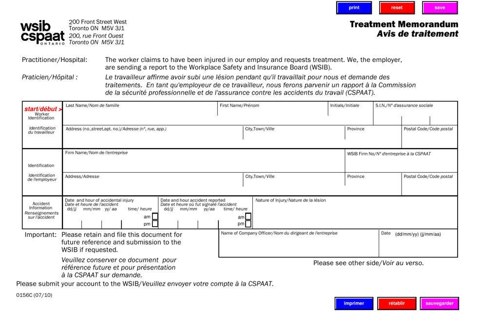 Form 0156C Treatment Memorandum - Ontario, Canada (English/French)
