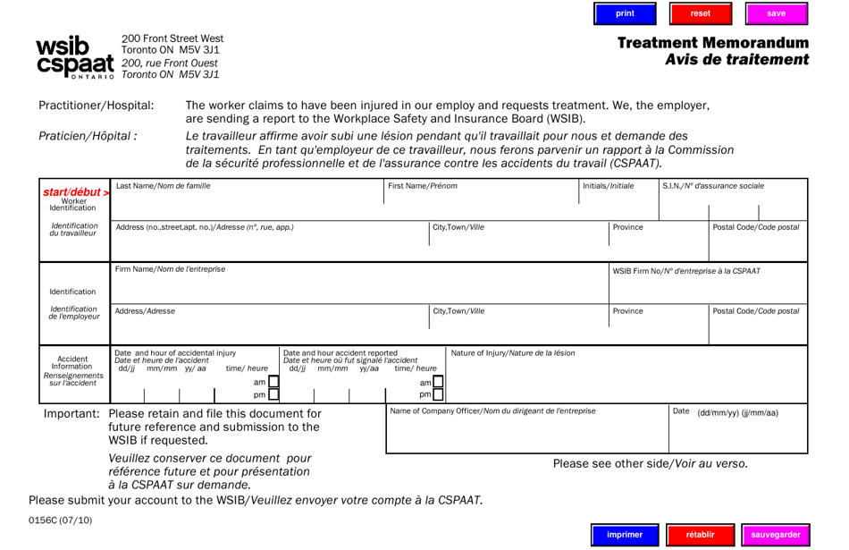 Form 0156C Treatment Memorandum - Ontario, Canada (English / French), Page 1