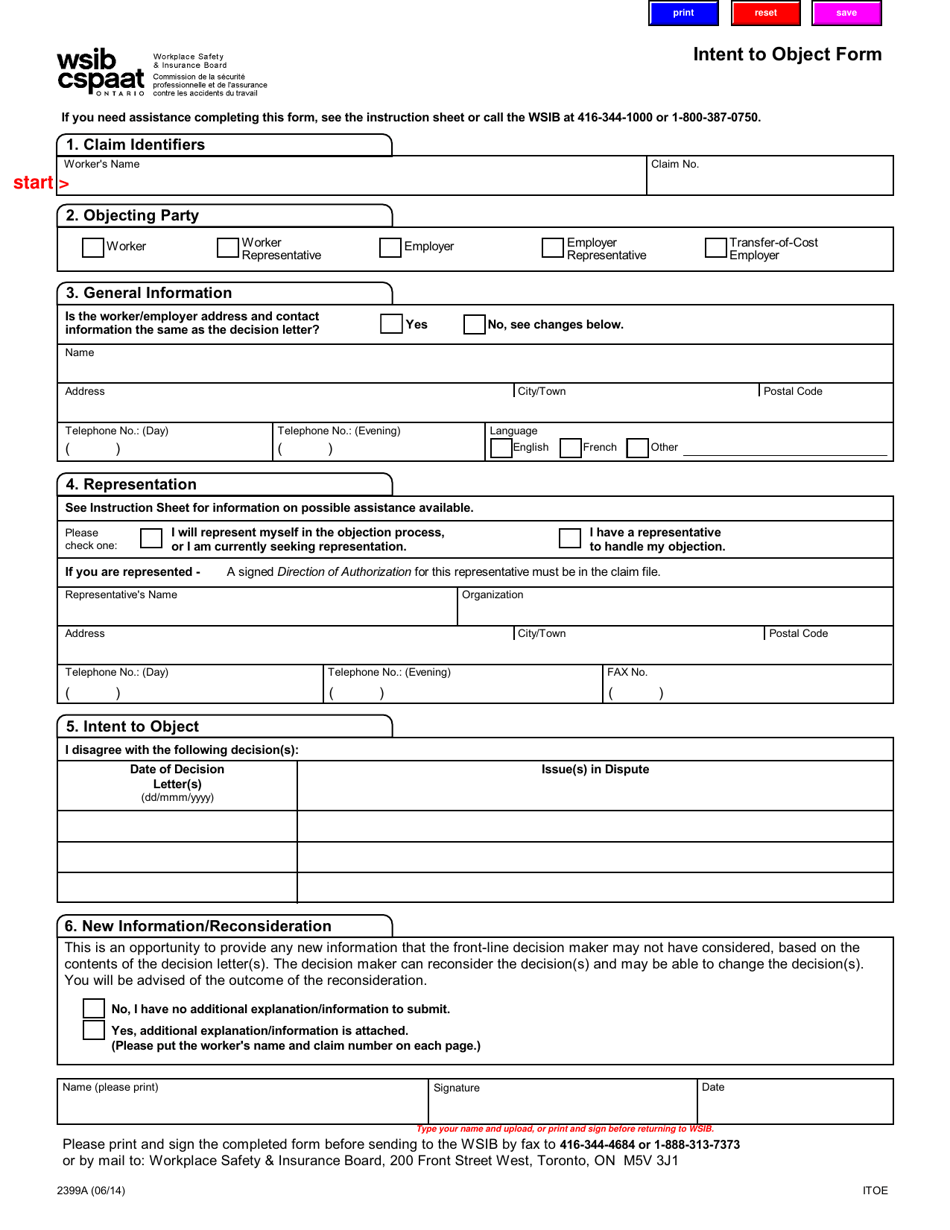 Form 2399A Intent to Object Form - Ontario, Canada, Page 1