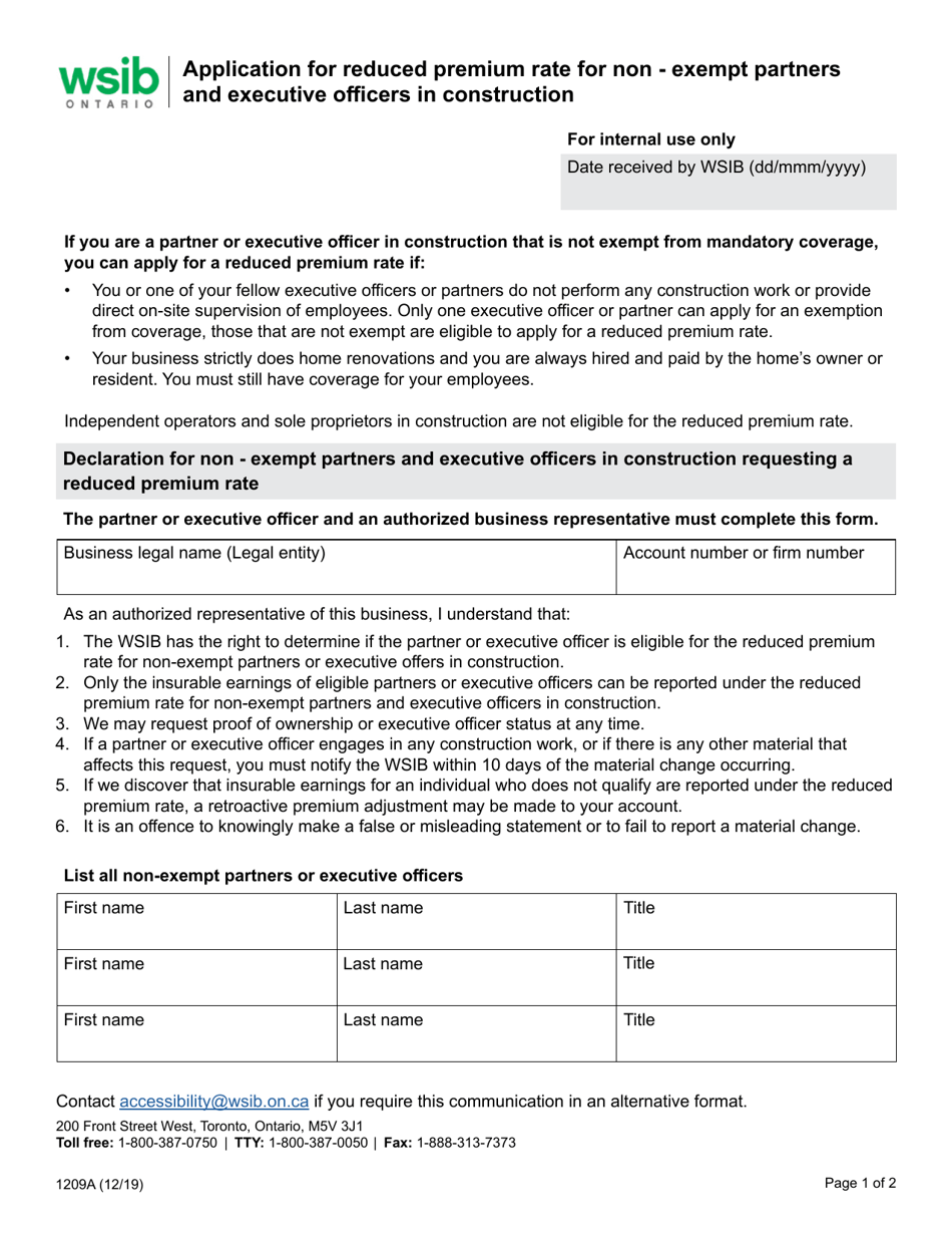 Form 1209A Application for Reduced Premium Rate for Non - Exempt Partners and Executive Officers in Construction - Ontario, Canada, Page 1