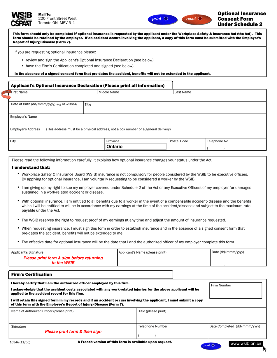 Form 1034A Optional Insurance Consent Form Under Schedule 2 - Ontario, Canada, Page 1