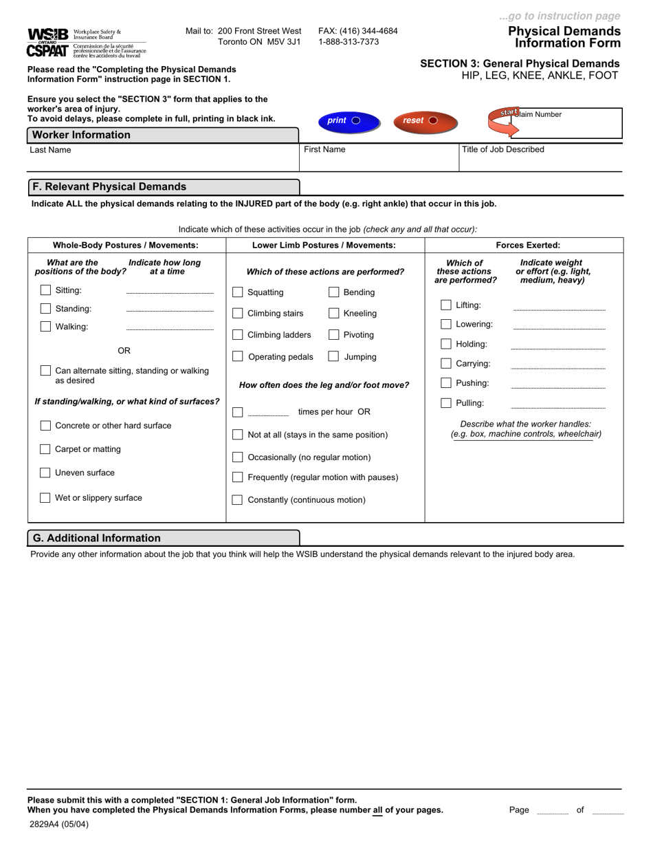Form 2828A (2830A; 2829A; 2852A) Physical Demands Information Form - Ontario, Canada, Page 10