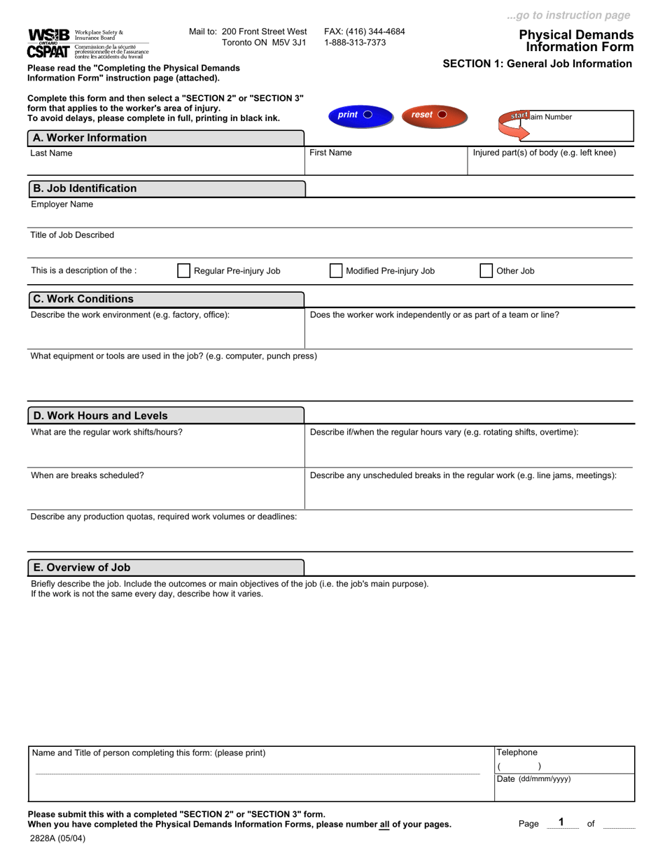 Form 2828A (2830A; 2829A; 2852A) Physical Demands Information Form - Ontario, Canada, Page 2