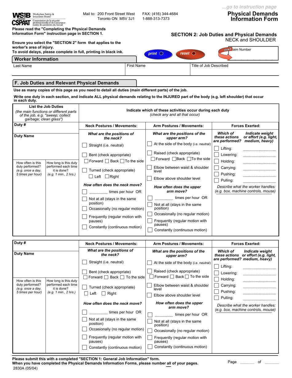 Form 2828A (2830A; 2829A; 2852A) Physical Demands Information Form - Ontario, Canada, Page 3