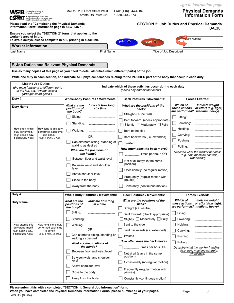 Form 2828A (2830A; 2829A; 2852A) Physical Demands Information Form - Ontario, Canada, Page 4