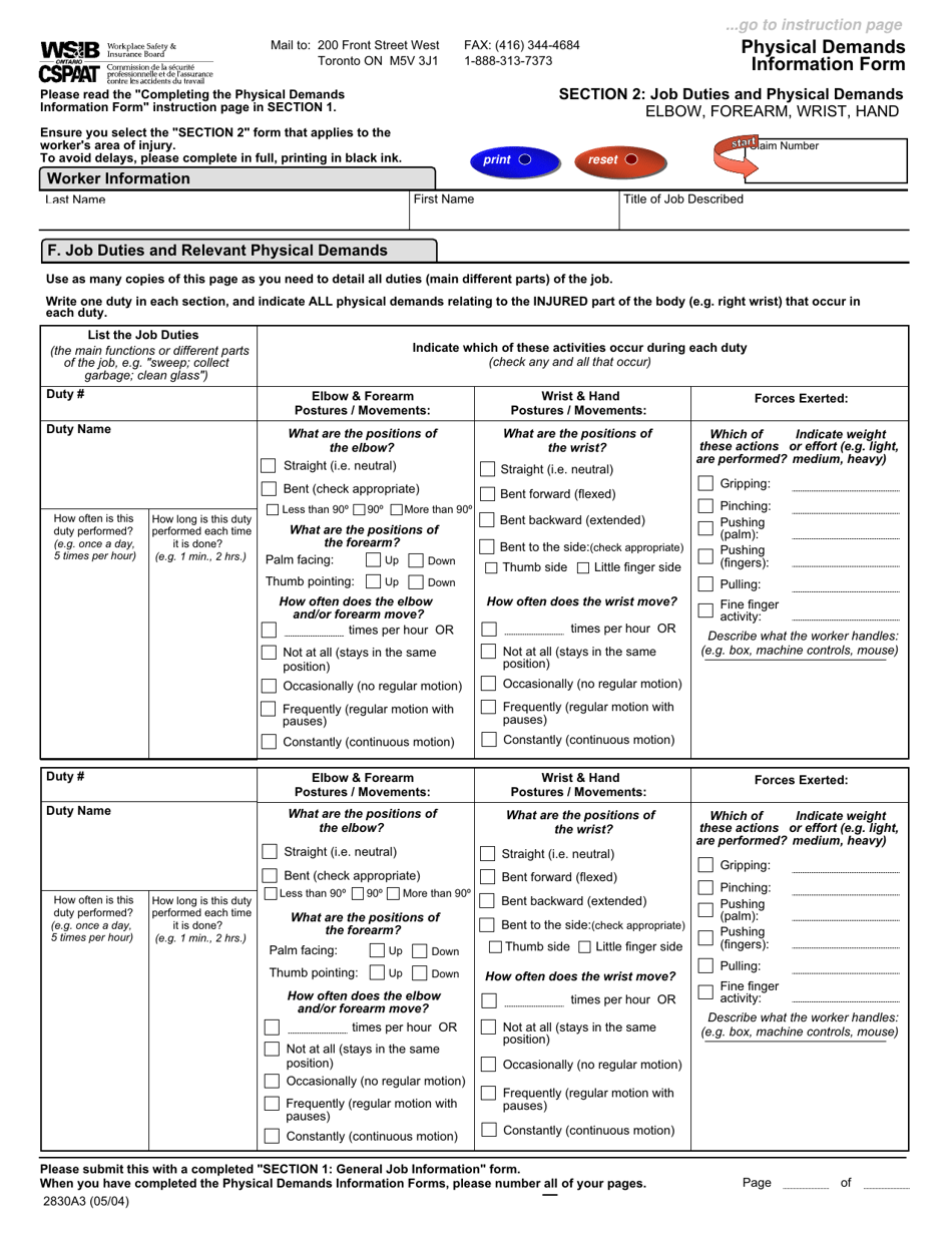 Form 2828A (2830A; 2829A; 2852A) Physical Demands Information Form - Ontario, Canada, Page 5