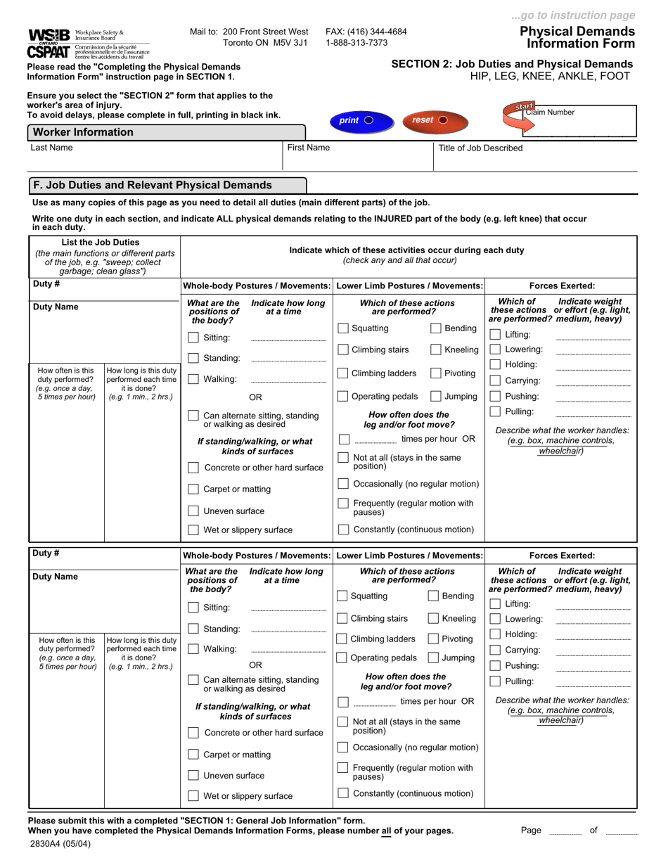 Form 2828A (2830A; 2829A; 2852A) Physical Demands Information Form - Ontario, Canada, Page 6