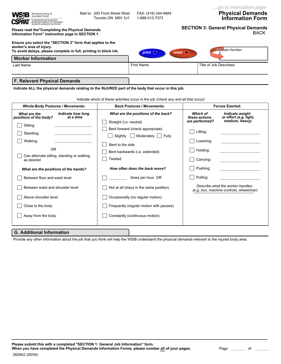 Form 2828A (2830A; 2829A; 2852A) Physical Demands Information Form - Ontario, Canada, Page 8
