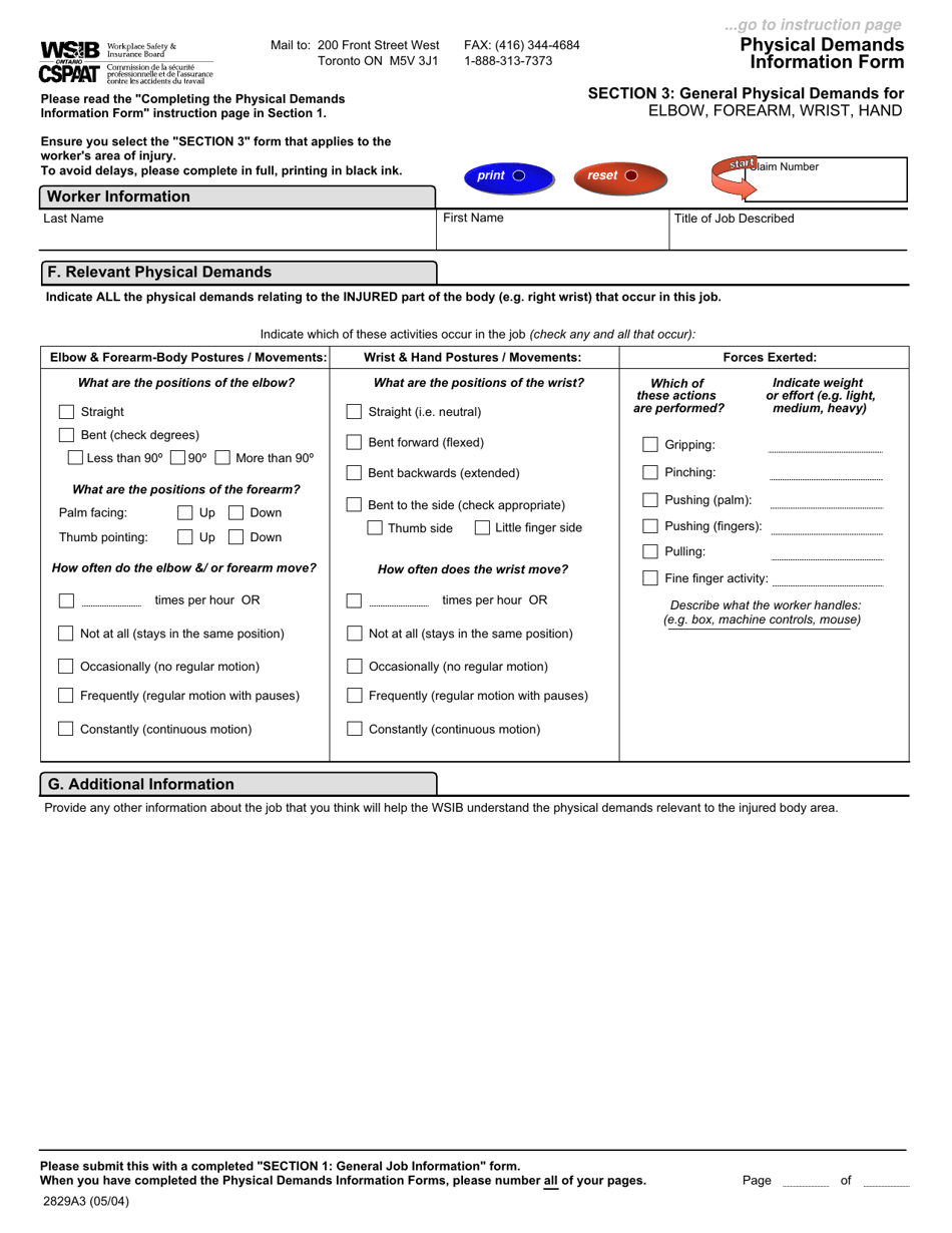 Form 2828A (2830A; 2829A; 2852A) Physical Demands Information Form - Ontario, Canada, Page 9