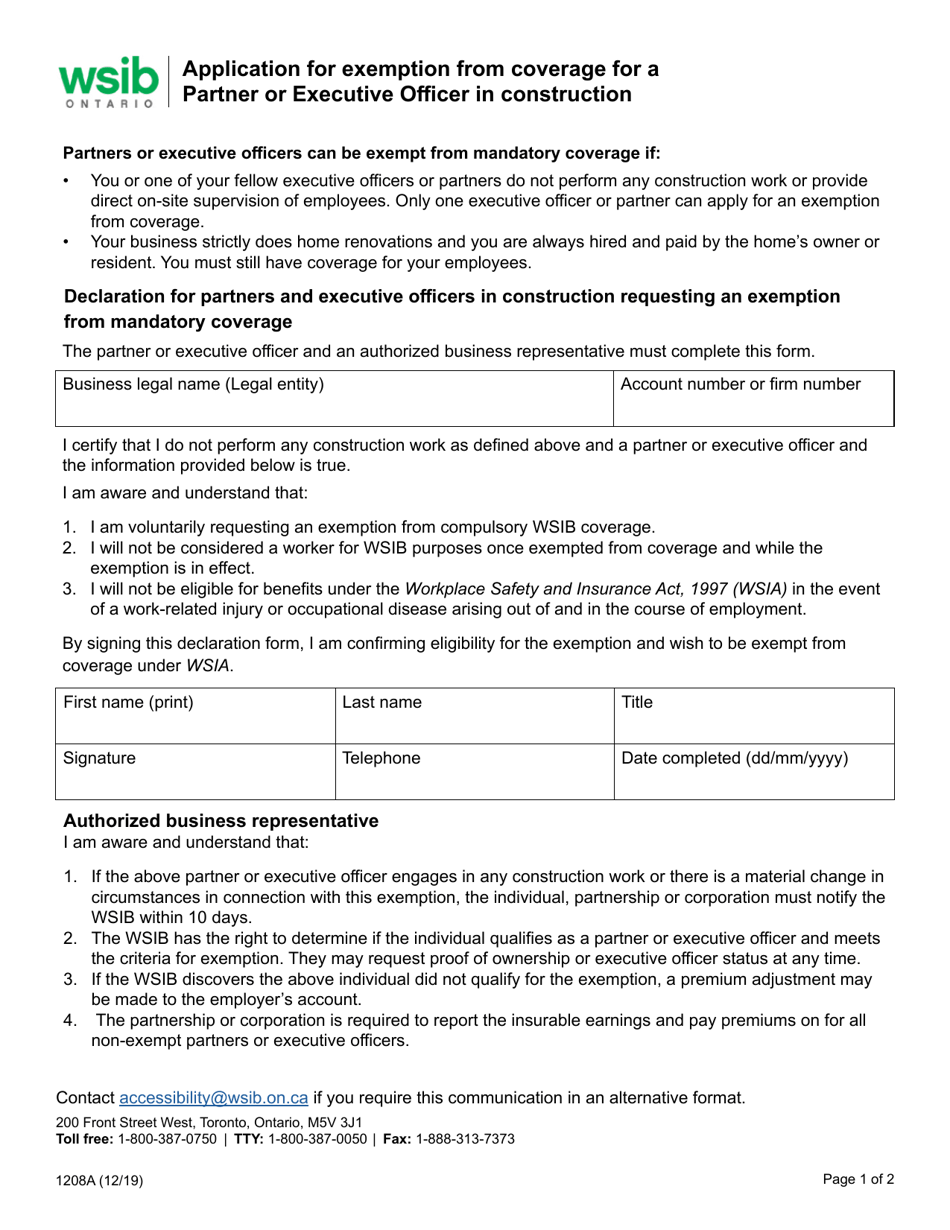 Form 1208A Application for Exemption From Coverage for a Partner or Executive Officer in Construction - Ontario, Canada, Page 1