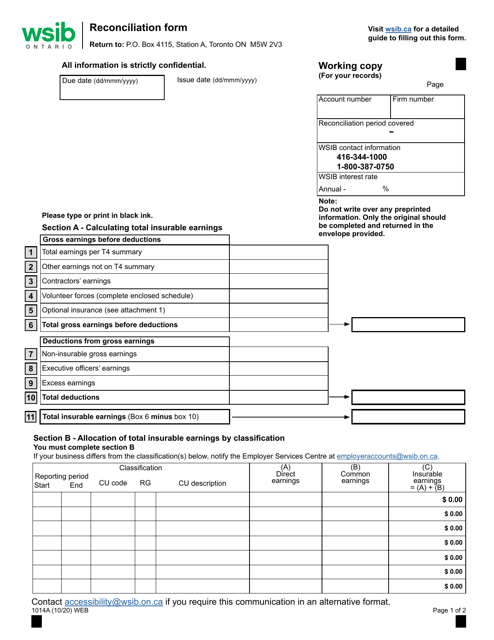 Form 1014A Reconciliation Form - Pre-january 1, 2020 With Classification Unit and Rate Group Classification - Ontario, Canada