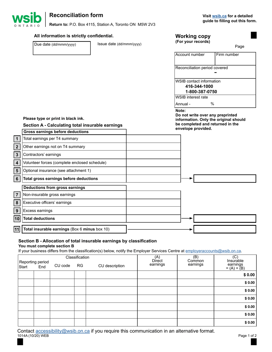 Form 1014A Reconciliation Form - Pre-january 1, 2020 With Classification Unit and Rate Group Classification - Ontario, Canada, Page 1