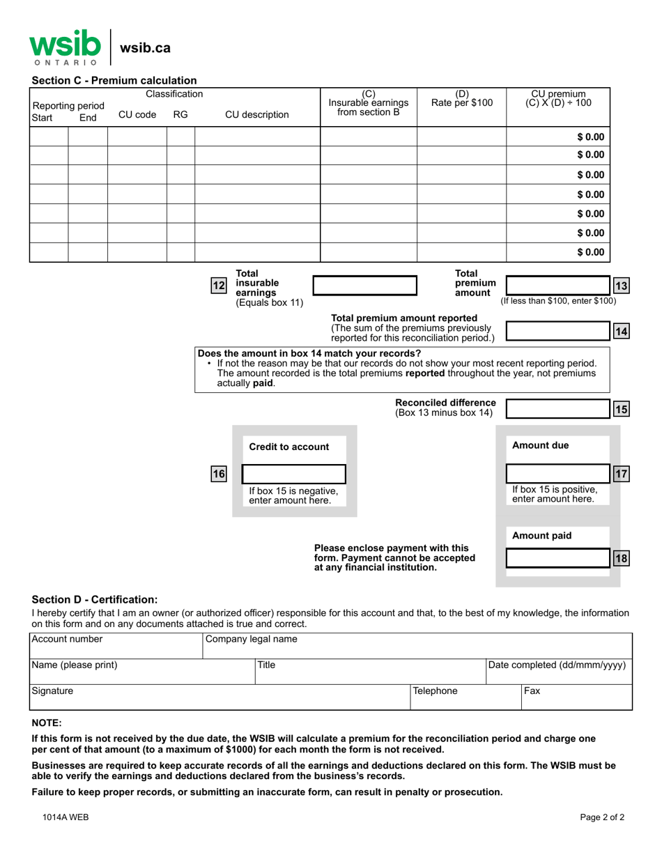 Form 1014A Reconciliation Form - Pre-january 1, 2020 With Classification Unit and Rate Group Classification - Ontario, Canada, Page 2