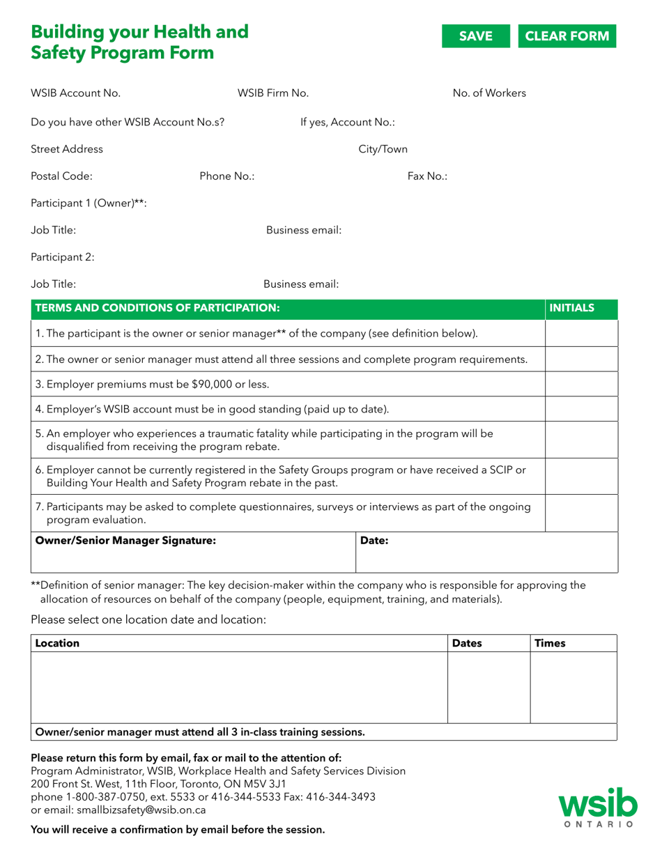 Building Your Health and Safety Program Application Form - Ontario, Canada, Page 1