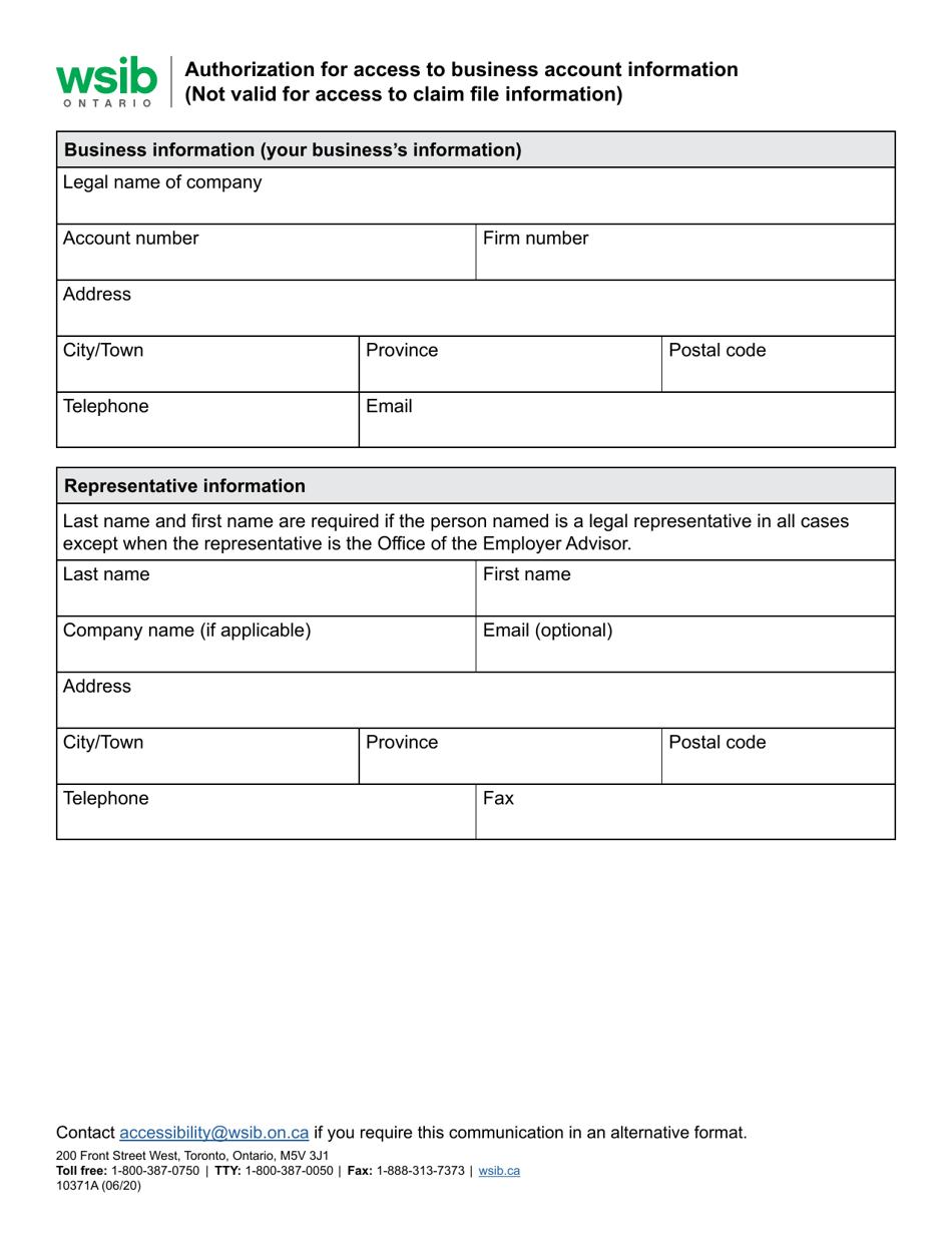 Form 10371A Authorization for Access to Business Account Information - Ontario, Canada, Page 1