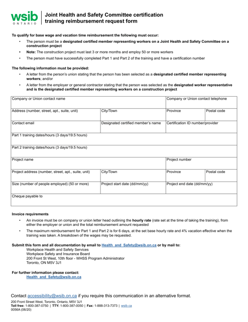 Form 0056A Joint Health and Safety Committee Certification Training Reimbursement Request Form - Ontario, Canada
