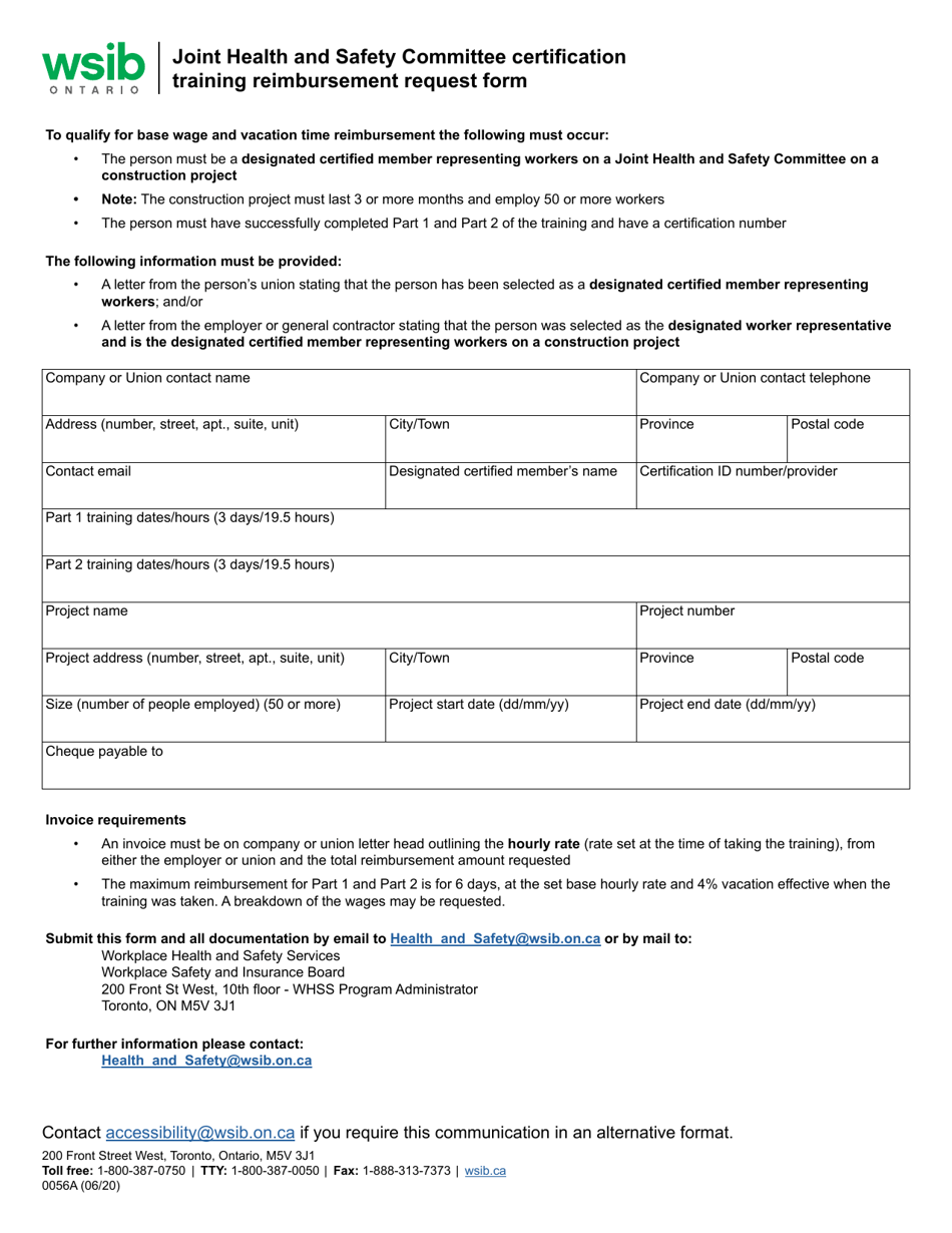 Form 0056A Joint Health and Safety Committee Certification Training Reimbursement Request Form - Ontario, Canada, Page 1
