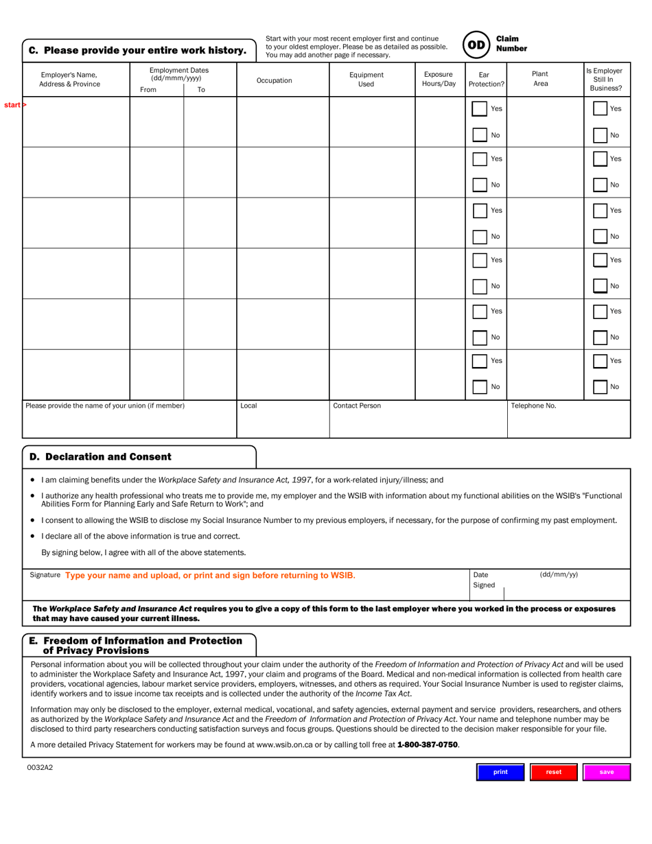 Form 0032A Workers Report Occupational Noise Induced Hearing Loss - Ontario, Canada, Page 2
