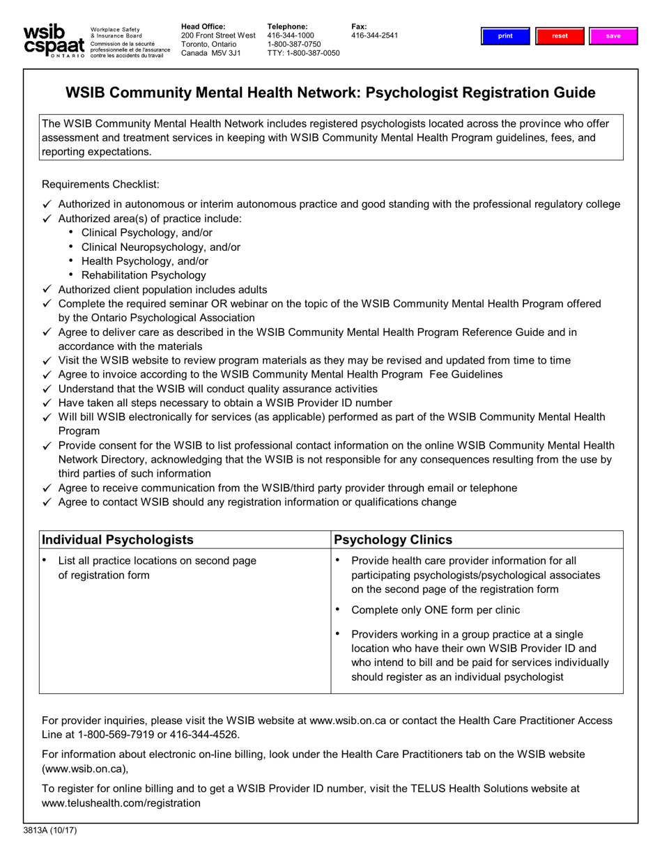 Form 3813A Wsib Community Mental Health Network Psychologist Registration Form - Ontario, Canada, Page 1