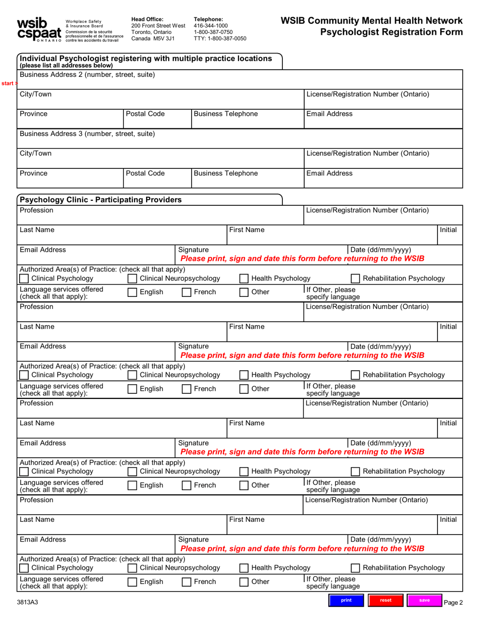 Form 3813A Wsib Community Mental Health Network Psychologist Registration Form - Ontario, Canada, Page 3