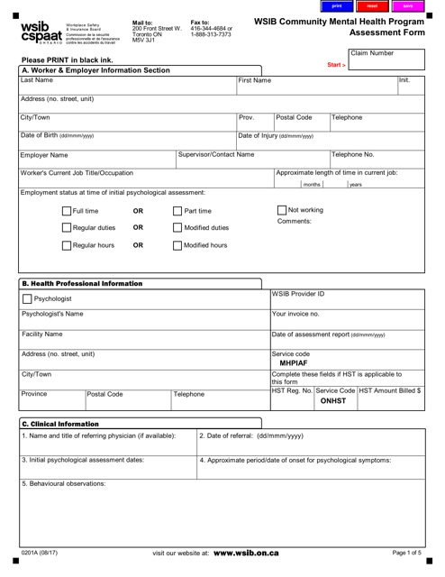 Form 0201A Wsib Community Mental Health Program Assessment Form - Ontario, Canada