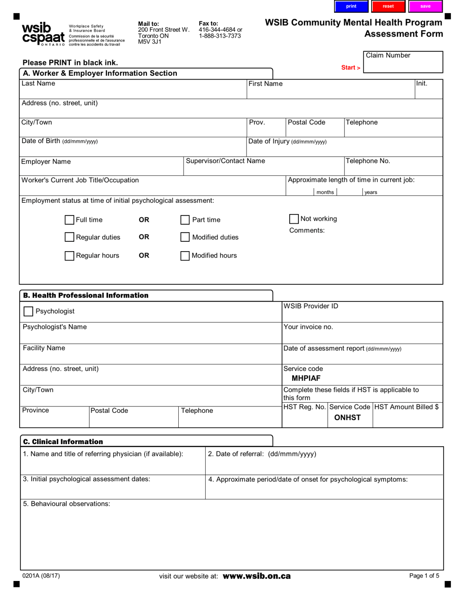 Form 0201A Wsib Community Mental Health Program Assessment Form - Ontario, Canada, Page 1