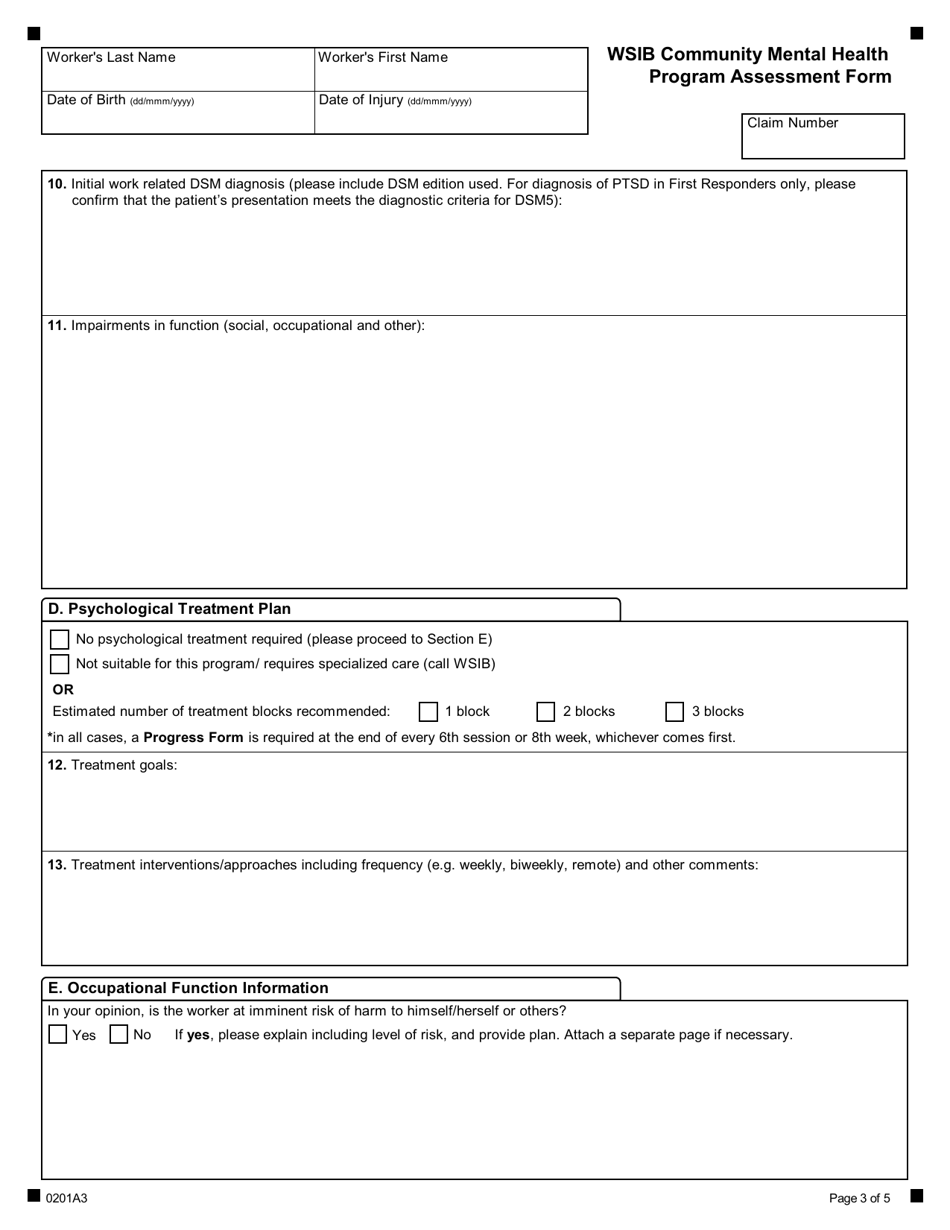 Form 0201A Wsib Community Mental Health Program Assessment Form - Ontario, Canada, Page 3