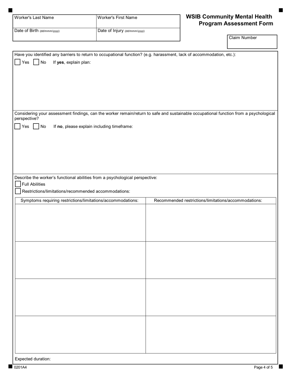 Form 0201A Wsib Community Mental Health Program Assessment Form - Ontario, Canada, Page 4
