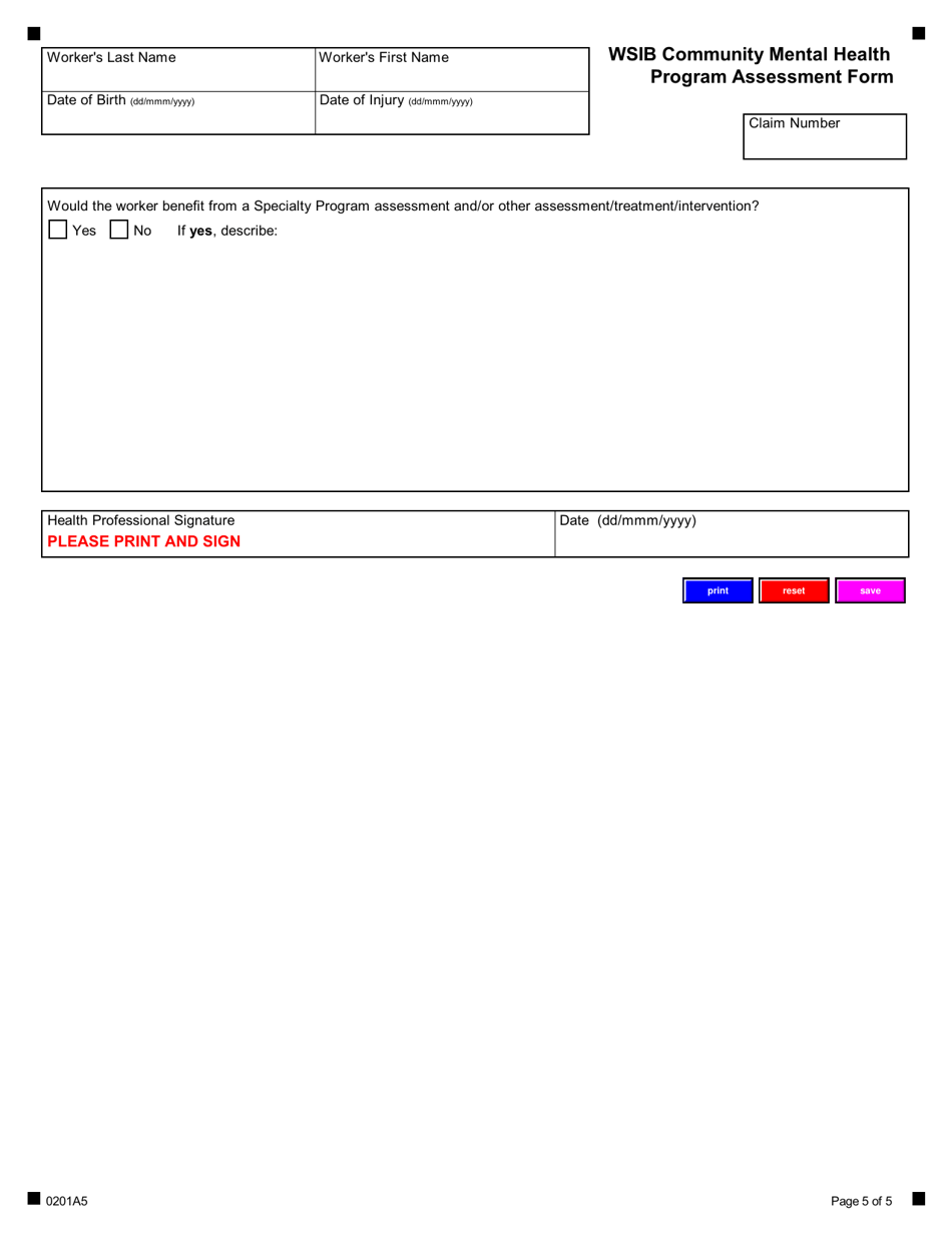 Form 0201A Wsib Community Mental Health Program Assessment Form - Ontario, Canada, Page 5