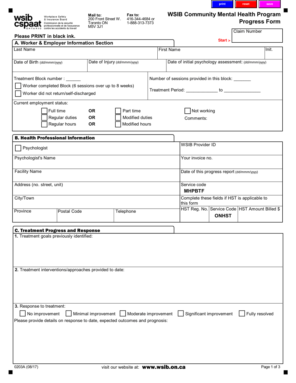 Form 0203A Wsib Community Mental Health Program Progress Form - Ontario, Canada, Page 1