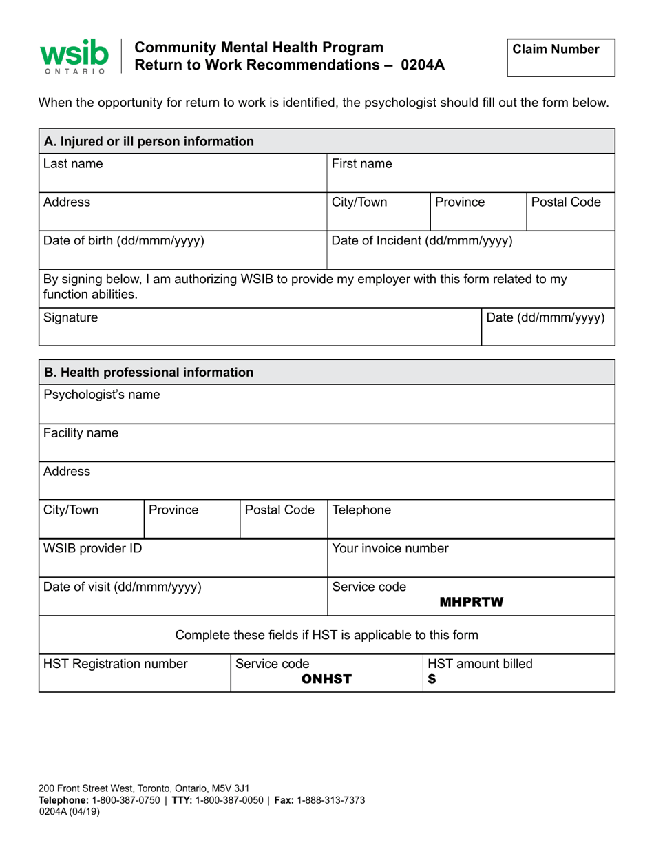 Form 0204A Community Mental Health Program Return to Work Recommendations - Ontario, Canada, Page 1