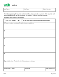 Form 0204A Community Mental Health Program Return to Work Recommendations - Ontario, Canada, Page 2