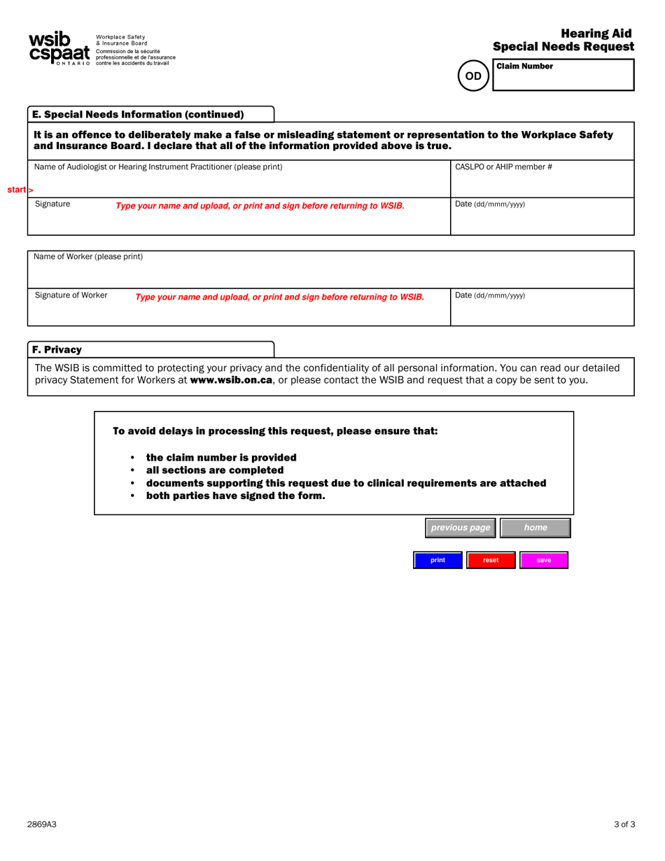 Form 2869A Hearing Aid Special Needs Request - Ontario, Canada, Page 3