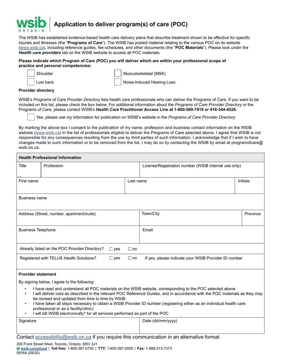 Form 0916A Application to Deliver Program(S) of Care (Poc) - Ontario, Canada, Page 1