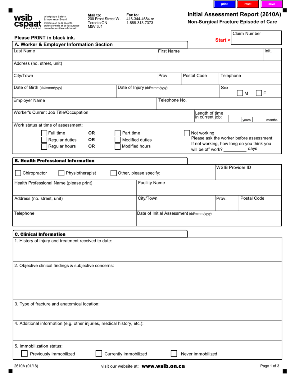 Form 2610A Initial Assessment Report - Non-surgical Fracture Episode of Care - Ontario, Canada, Page 1
