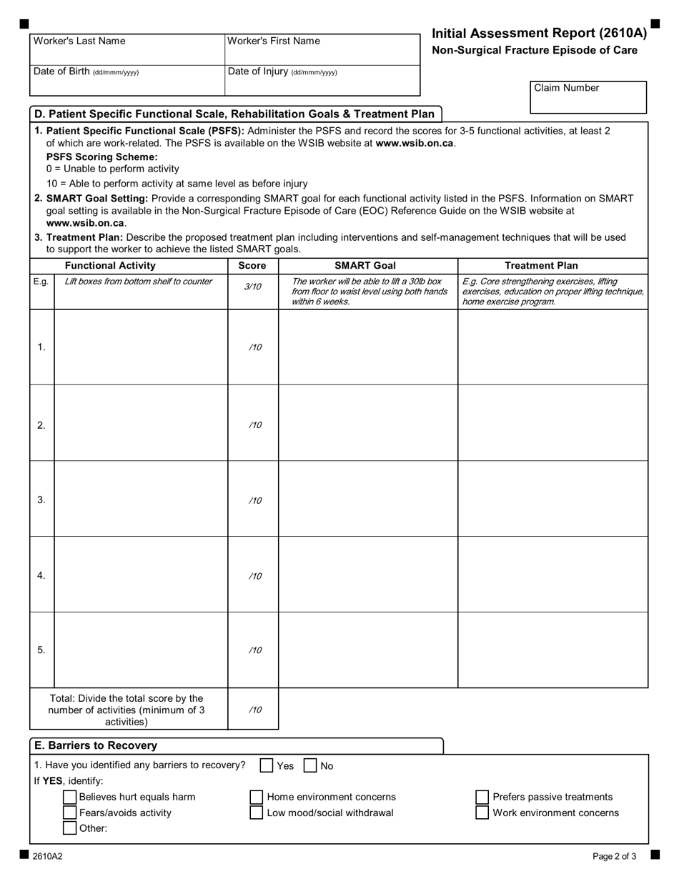 Form 2610A Initial Assessment Report - Non-surgical Fracture Episode of Care - Ontario, Canada, Page 2